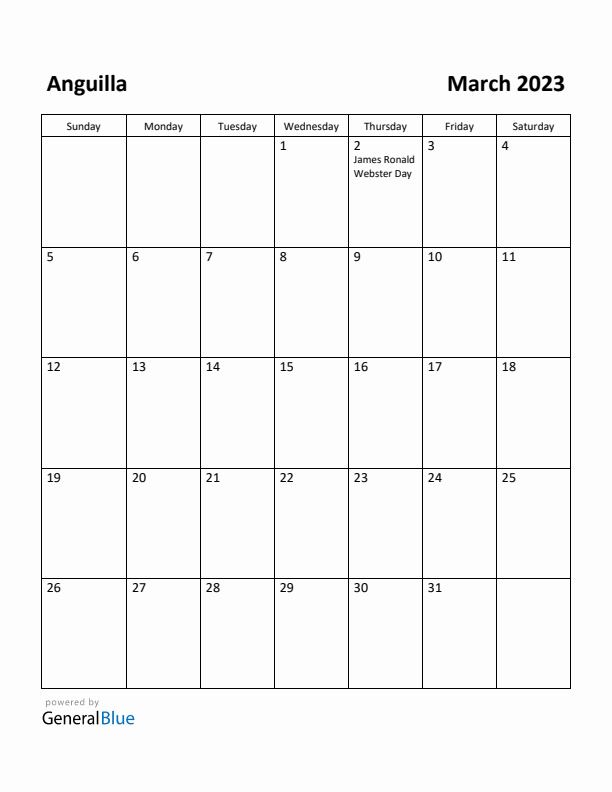 March 2023 Calendar with Anguilla Holidays