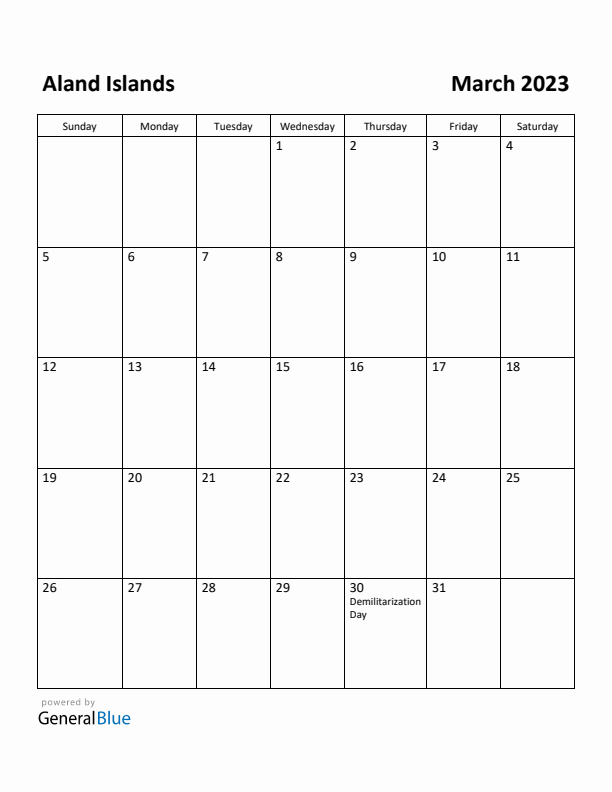 March 2023 Calendar with Aland Islands Holidays