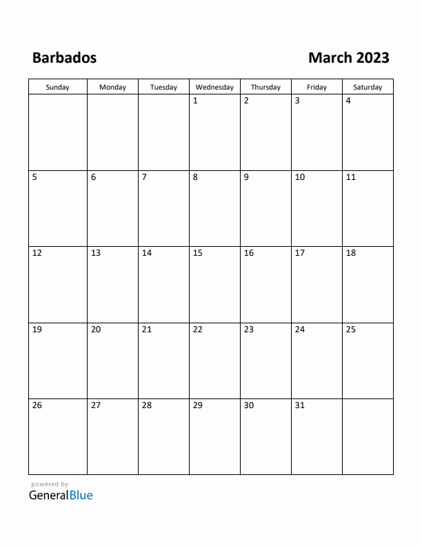 March 2023 Calendar with Barbados Holidays