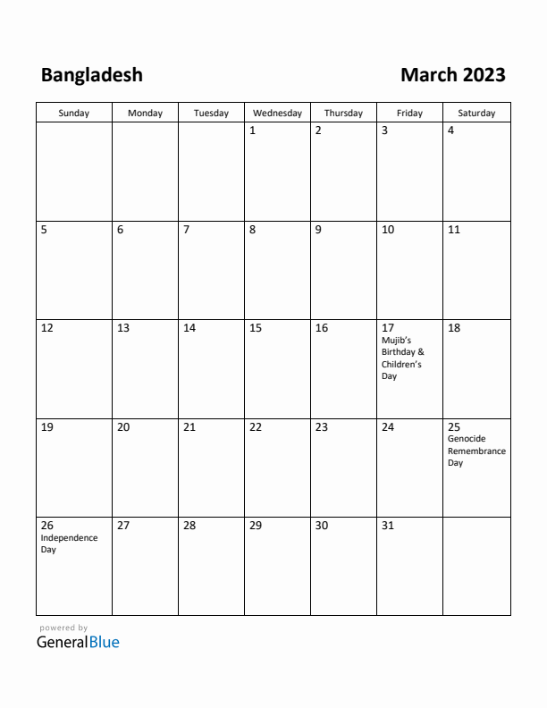 March 2023 Calendar with Bangladesh Holidays