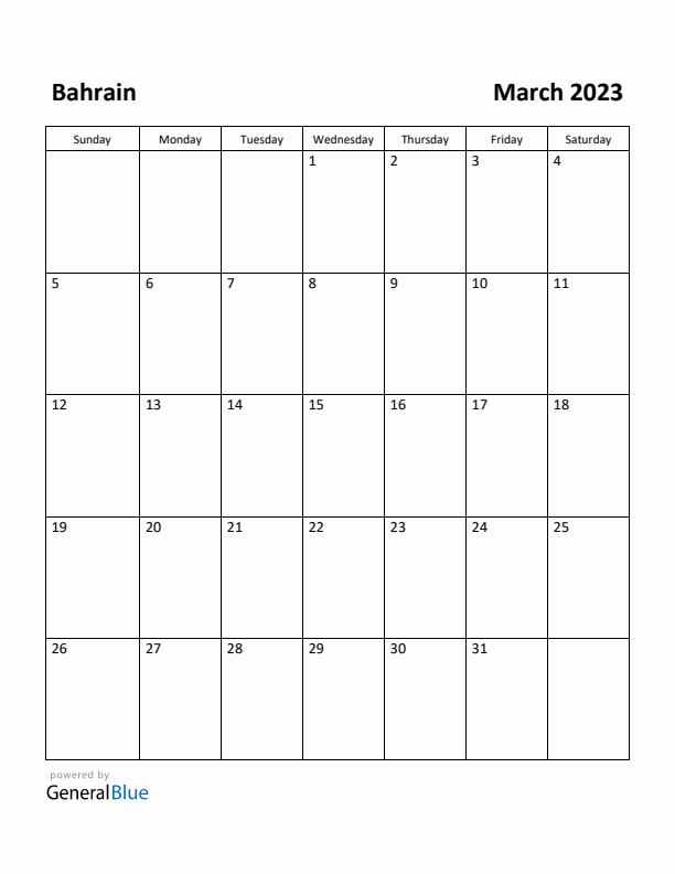 March 2023 Calendar with Bahrain Holidays