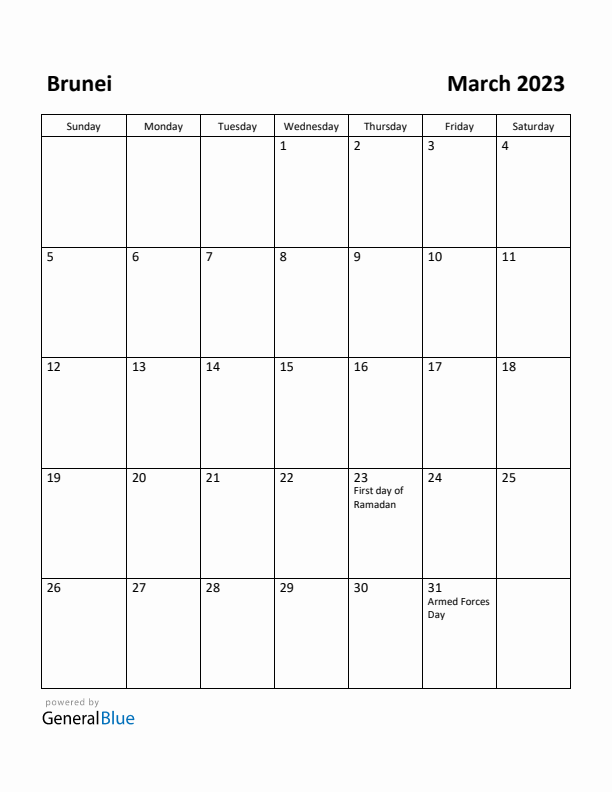 March 2023 Calendar with Brunei Holidays