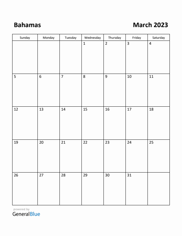 March 2023 Calendar with Bahamas Holidays