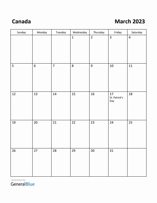 March 2023 Calendar with Canada Holidays