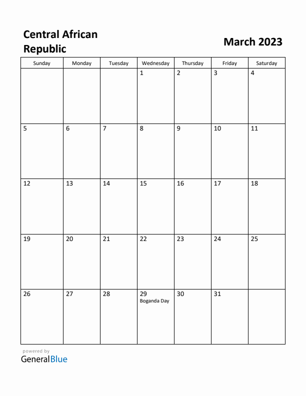 March 2023 Calendar with Central African Republic Holidays