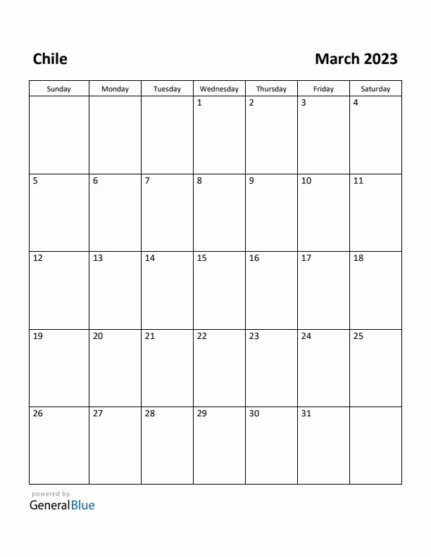 March 2023 Calendar with Chile Holidays