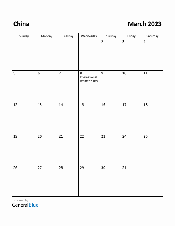 March 2023 Calendar with China Holidays