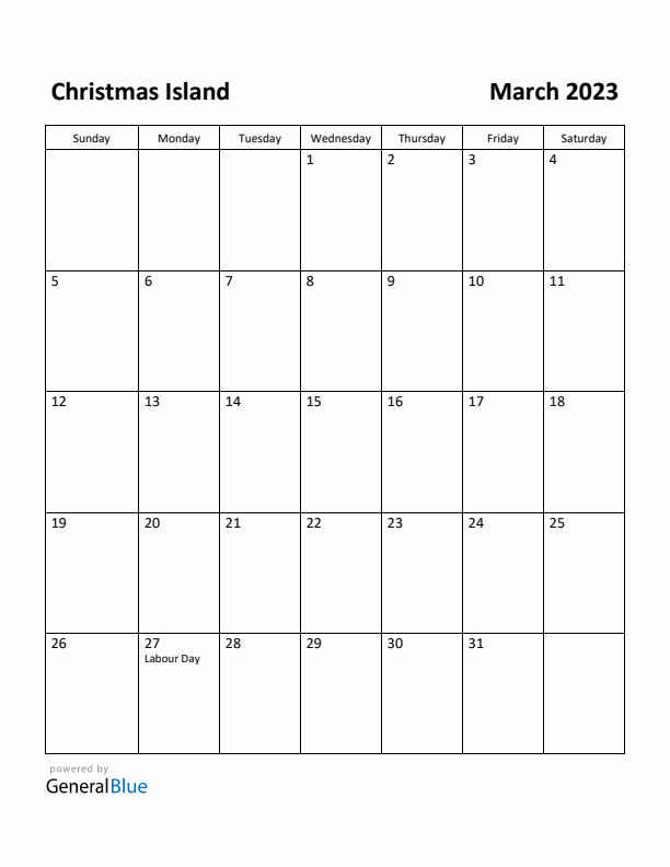 March 2023 Calendar with Christmas Island Holidays