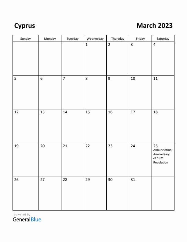 March 2023 Calendar with Cyprus Holidays