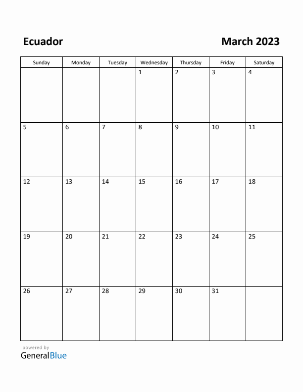 March 2023 Calendar with Ecuador Holidays