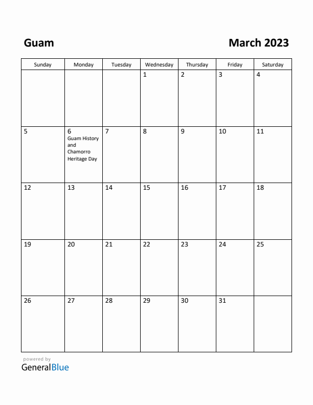 March 2023 Calendar with Guam Holidays