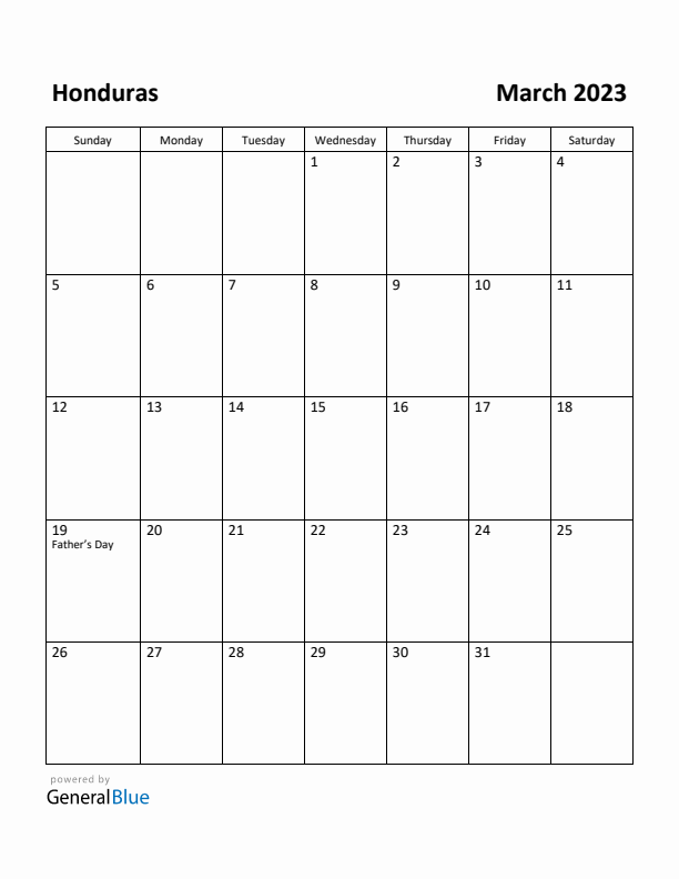 March 2023 Calendar with Honduras Holidays