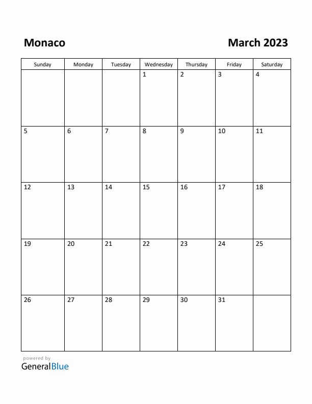 March 2023 Calendar with Monaco Holidays