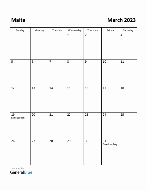 March 2023 Calendar with Malta Holidays