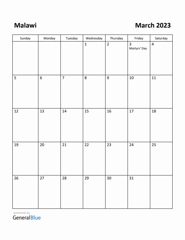 March 2023 Calendar with Malawi Holidays