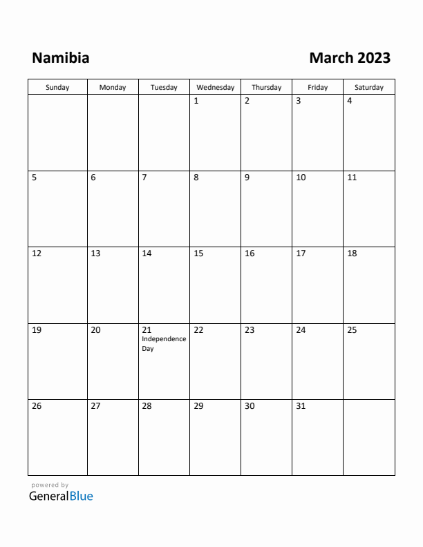 March 2023 Calendar with Namibia Holidays