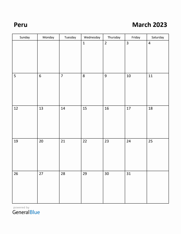 March 2023 Calendar with Peru Holidays