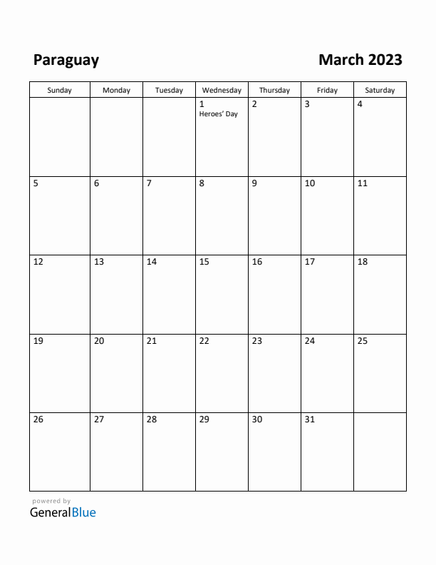 March 2023 Calendar with Paraguay Holidays