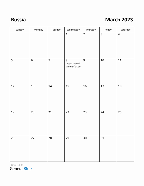 March 2023 Calendar with Russia Holidays