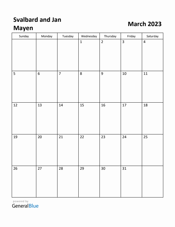 March 2023 Calendar with Svalbard and Jan Mayen Holidays