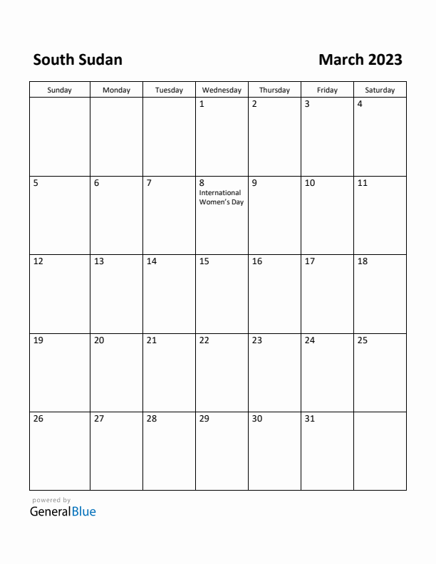 March 2023 Calendar with South Sudan Holidays