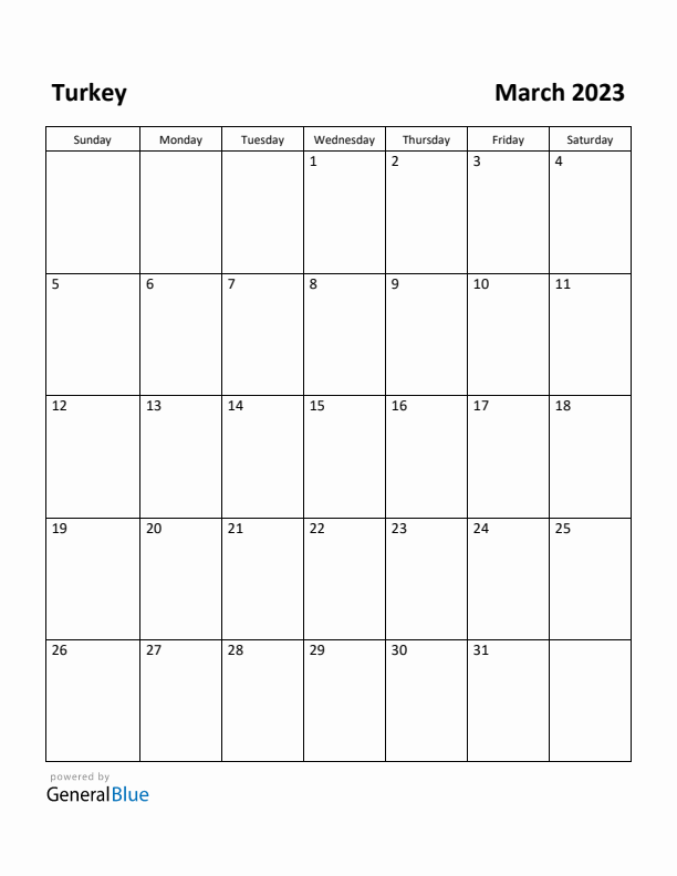 March 2023 Calendar with Turkey Holidays