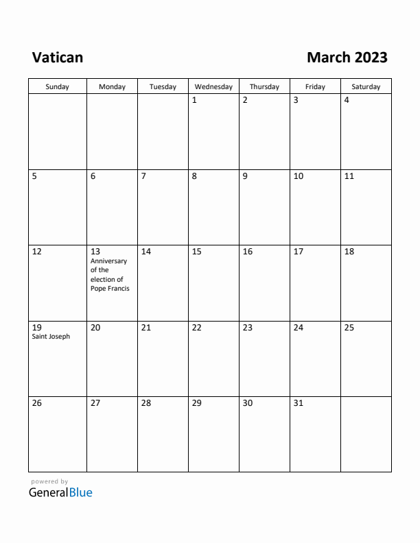 March 2023 Calendar with Vatican Holidays