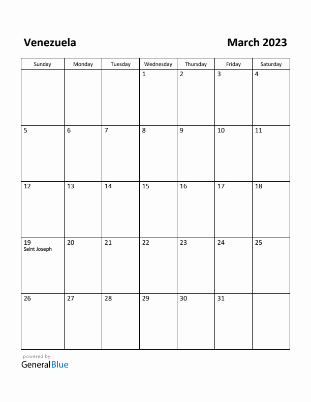 March 2023 Calendar with Venezuela Holidays