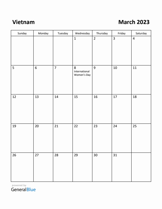 March 2023 Calendar with Vietnam Holidays