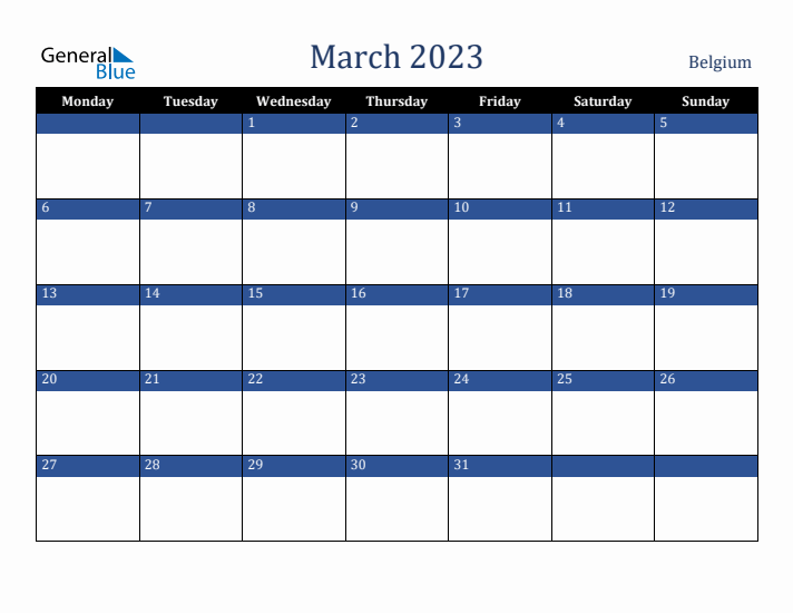 March 2023 Belgium Calendar (Monday Start)