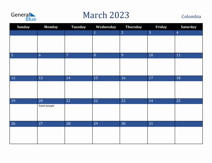 March 2023 Colombia Calendar (Sunday Start)