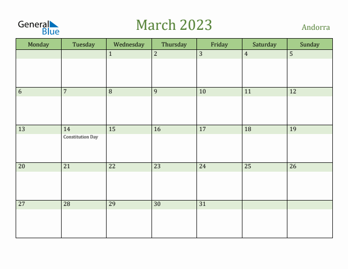 March 2023 Calendar with Andorra Holidays