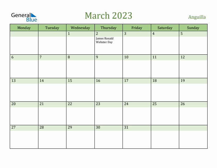 March 2023 Calendar with Anguilla Holidays