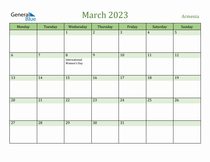 March 2023 Calendar with Armenia Holidays