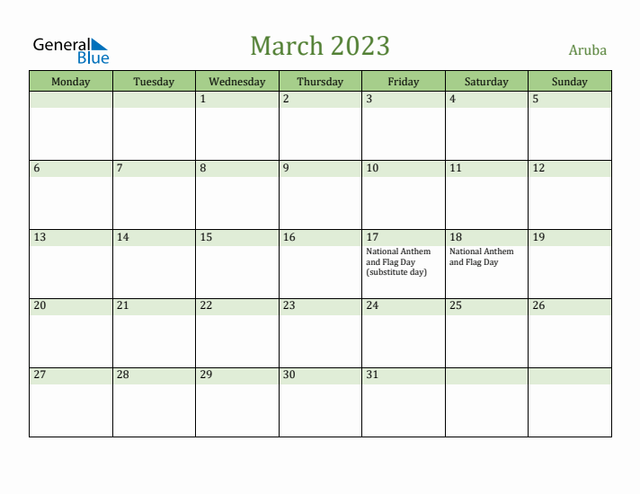 March 2023 Calendar with Aruba Holidays