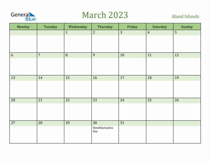 March 2023 Calendar with Aland Islands Holidays