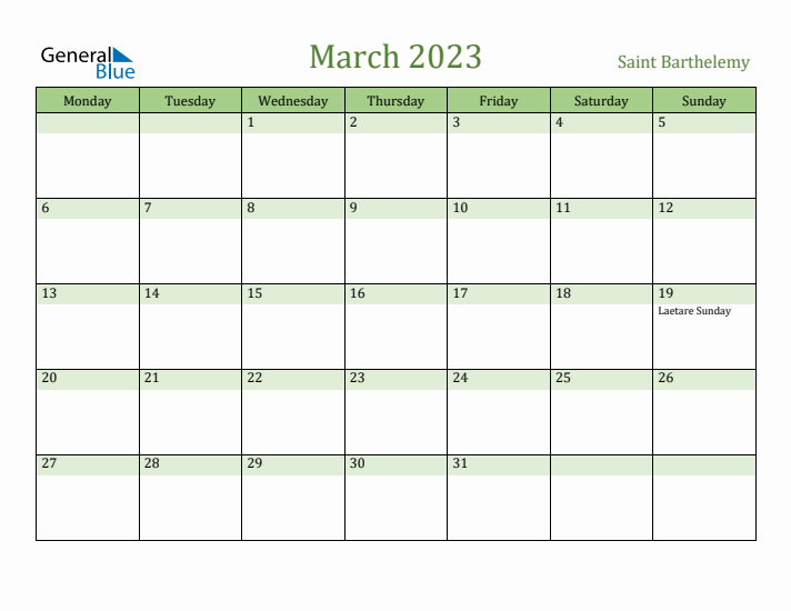 March 2023 Calendar with Saint Barthelemy Holidays