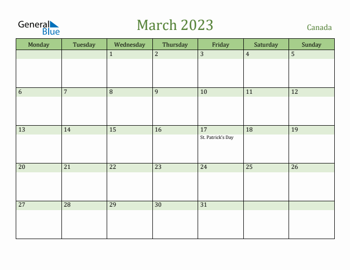 March 2023 Calendar with Canada Holidays