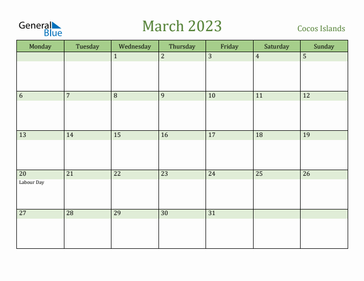 March 2023 Calendar with Cocos Islands Holidays