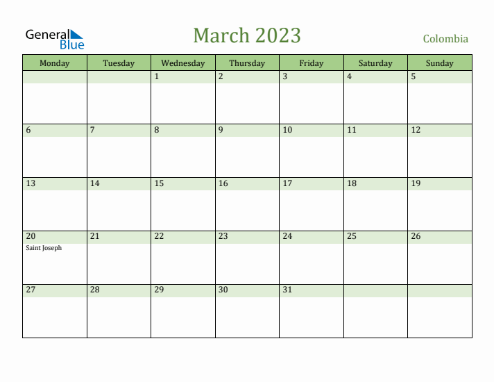 March 2023 Calendar with Colombia Holidays