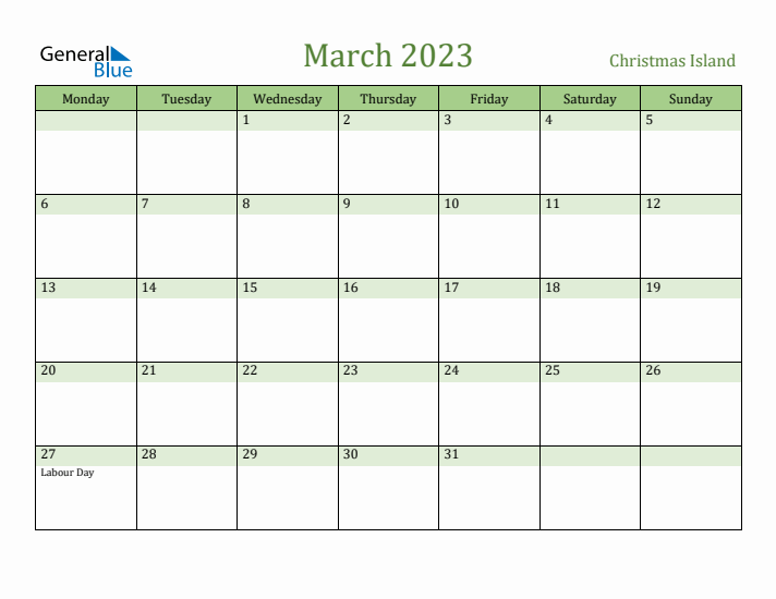 March 2023 Calendar with Christmas Island Holidays