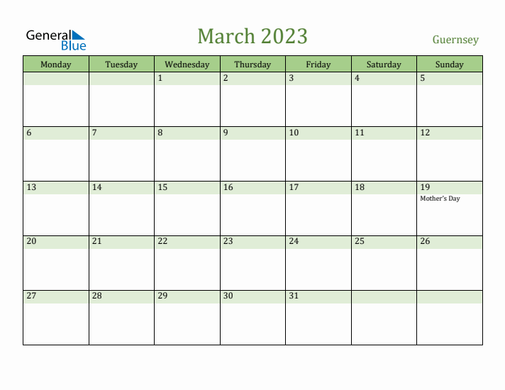 March 2023 Calendar with Guernsey Holidays