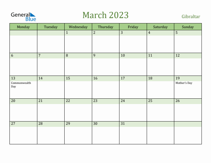 March 2023 Calendar with Gibraltar Holidays