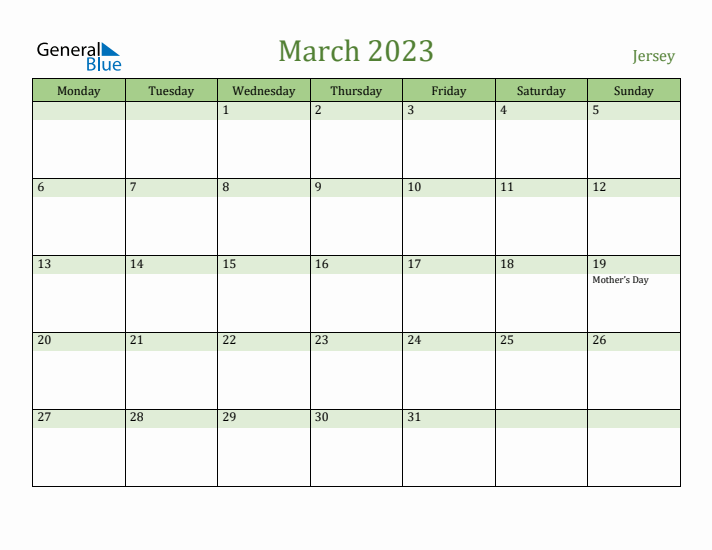 March 2023 Calendar with Jersey Holidays