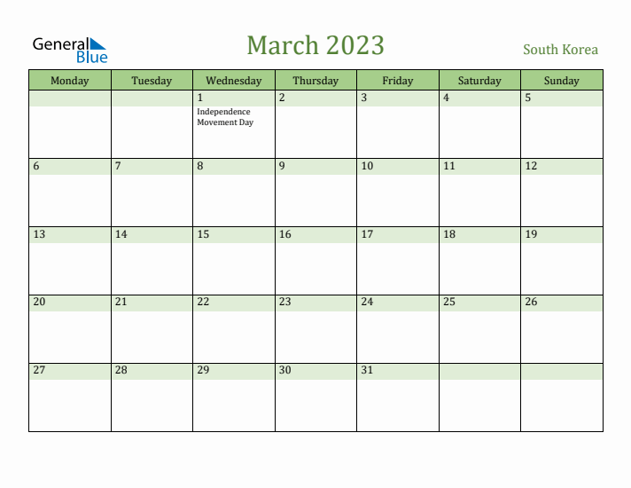 March 2023 Calendar with South Korea Holidays