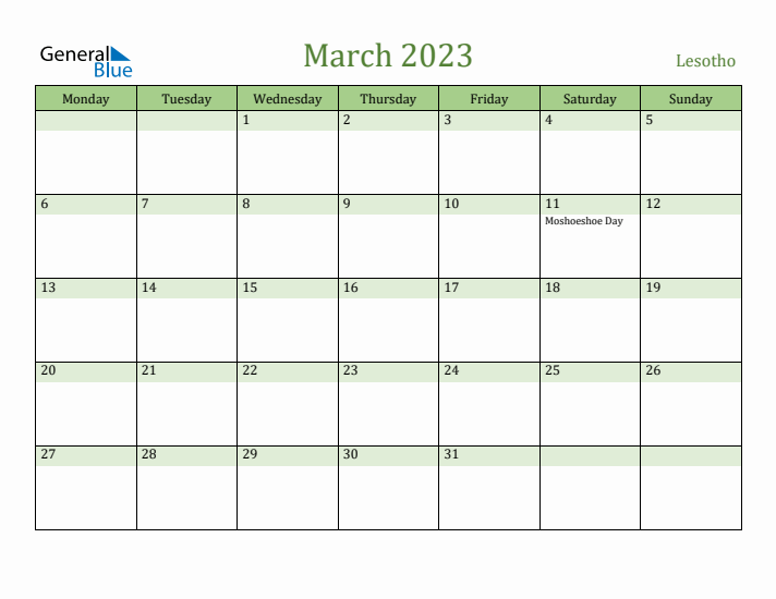 March 2023 Calendar with Lesotho Holidays