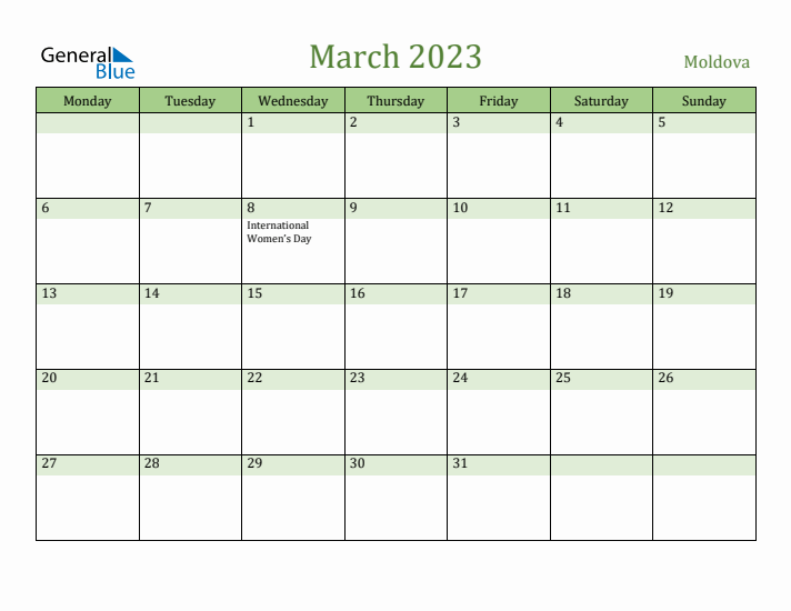 March 2023 Calendar with Moldova Holidays