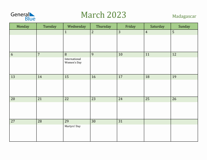 March 2023 Calendar with Madagascar Holidays