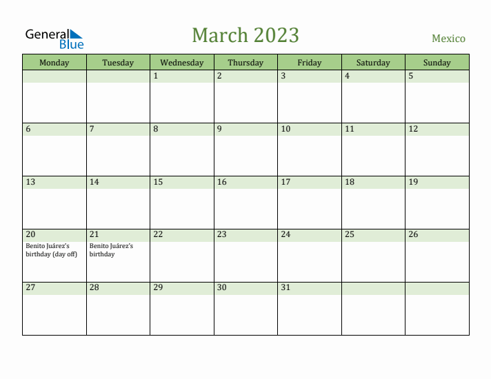 March 2023 Calendar with Mexico Holidays