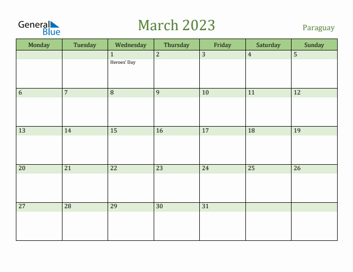 March 2023 Calendar with Paraguay Holidays